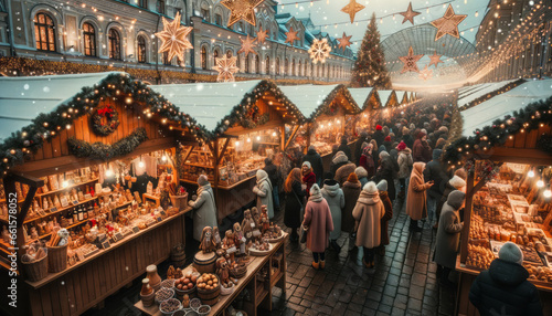 Photo of a festive market in 2024, bustling with shoppers, wooden stalls selling handcrafted gifts, and the aroma of mulled wine and gingerbread cookies filling the air photo