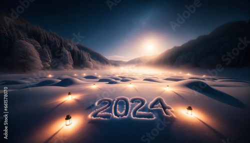Photo of a serene snowy landscape at midnight with '2024' written in the snow, illuminated by the soft glow of nearby lanterns © Bartek