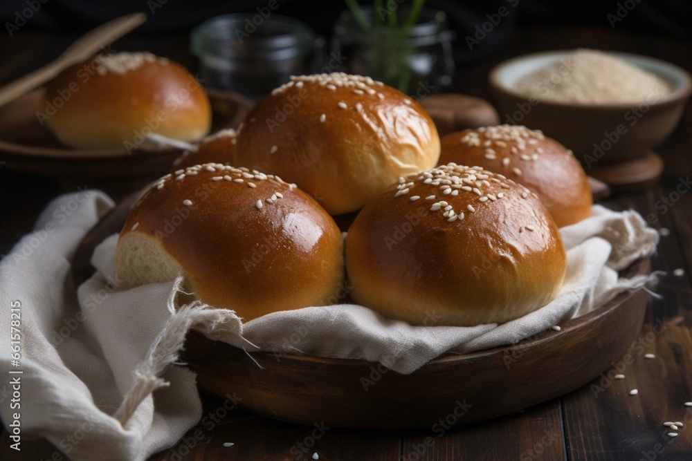 Crispy, sweet wheat buns baked in the oven. Generative AI