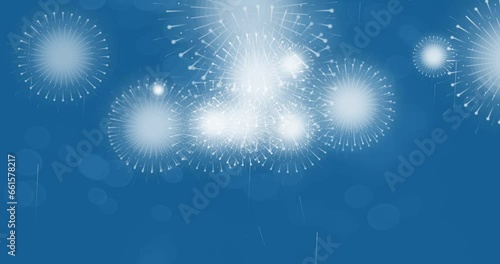 Animated motion graphics of holiday celebration fireworks with bokeh effects on blue background. 4th of July, New Year, Diwali, Christmas, Festival Celebration.