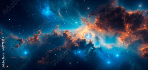 Deep space background with a blue nebula. Abstract concept of nebula. Banner format.