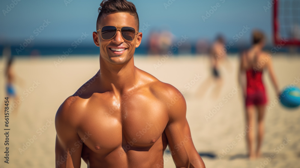 Portrait of a man on the beach on a warm summer day - obrazy, fototapety, plakaty 