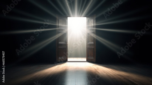 A dimly lit room with light streaming in through an open door  symbolizing new opportunities  hope  the ability to overcome challenges  and the concept of finding solutions