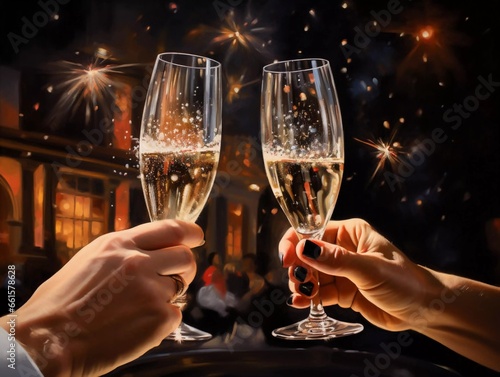 A traditional New Year's toast with champagne and sparkling fireworks in the background, AI generator
