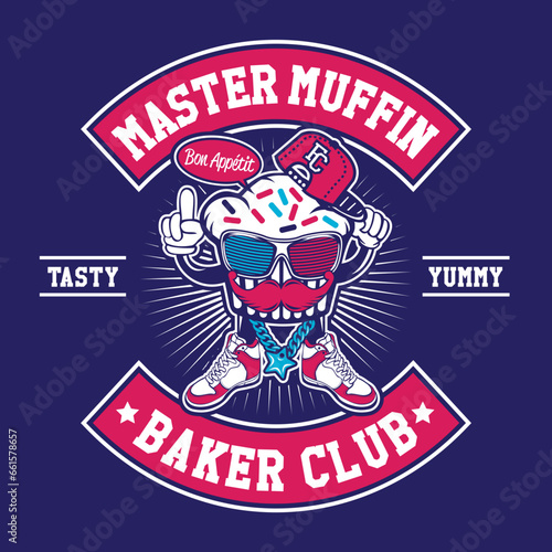 Master Muffin with Hand Drawing Vector Illustration in Patch Design Style Baked Club