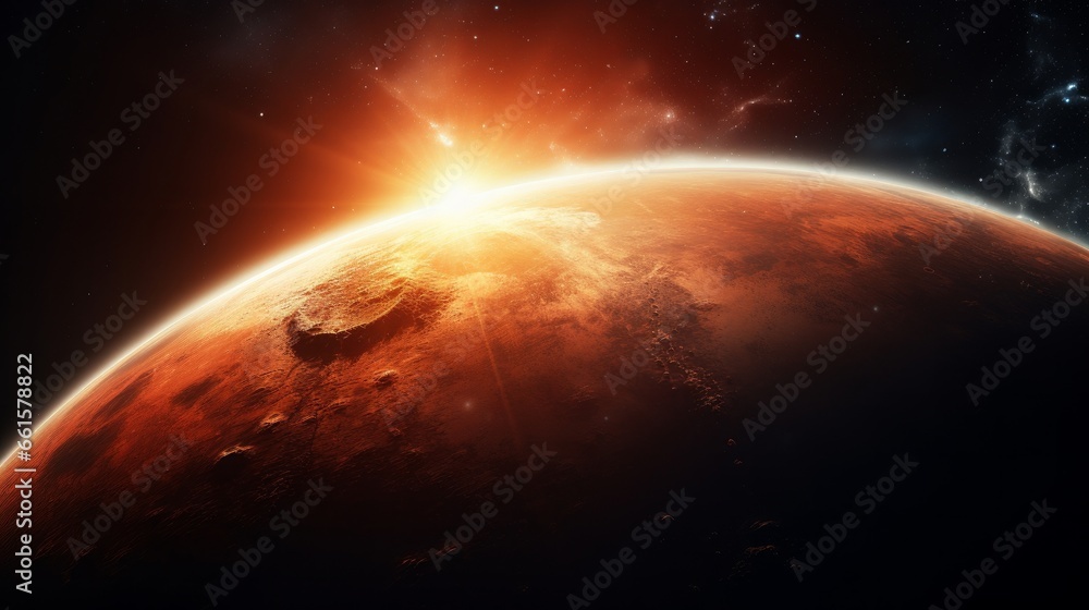 A high-resolution photograph of Mars, one of the celestial bodies in our solar system, showcasing a picturesque sunrise with the addition of a lens flare effect. Notably, elements of this image have