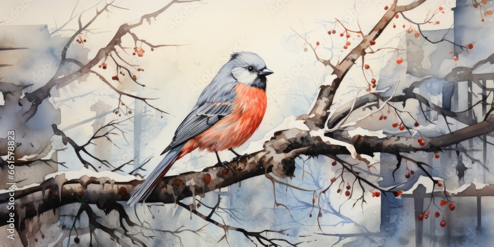 A watercolor painting of a bird perched on a tree branch. Imaginary illustration.
