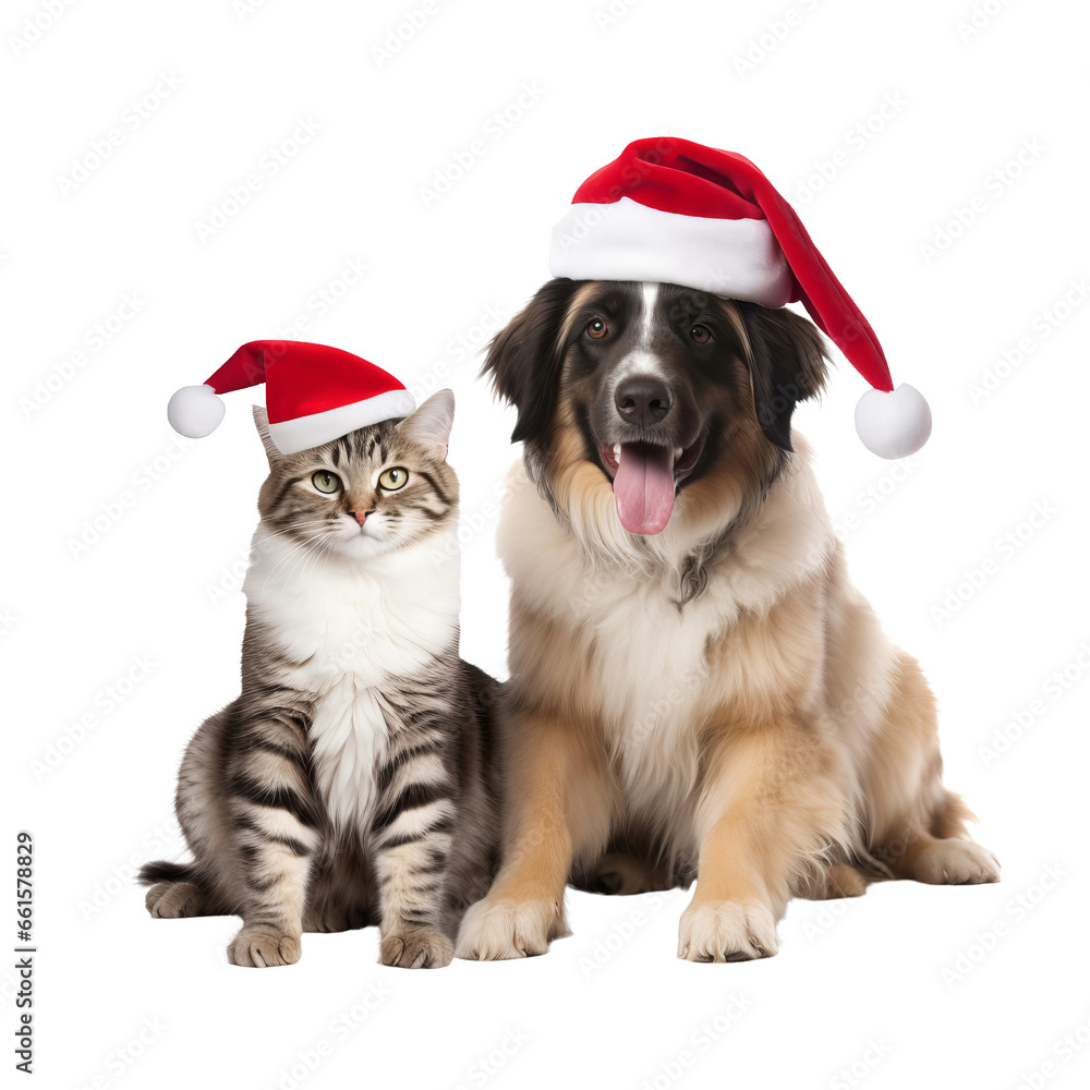 Fototapeta premium happy dog and cat isolated on transparent background wearing a christmas hat 