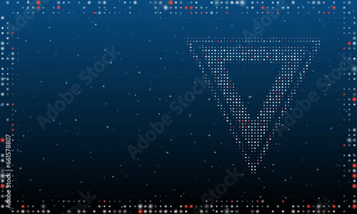 On the right is the give way symbol filled with white dots. Pointillism style. Abstract futuristic frame of dots and circles. Some dots is red. Vector illustration on blue background with stars