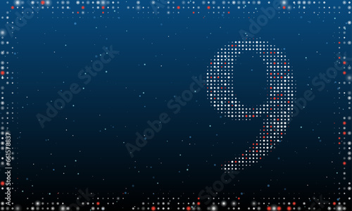 On the right is the number nine symbol filled with white dots. Pointillism style. Abstract futuristic frame of dots and circles. Some dots is red. Vector illustration on blue background with stars