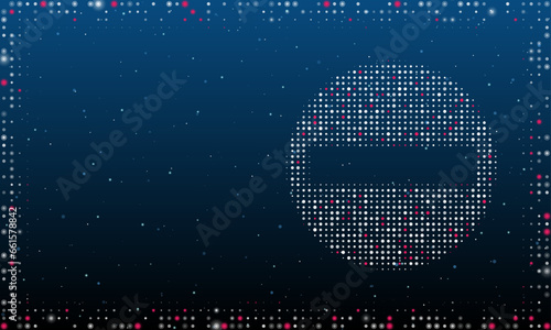 On the right is the no entry road symbol filled with white dots. Pointillism style. Abstract futuristic frame of dots and circles. Some dots is pink. Vector illustration on blue background with stars