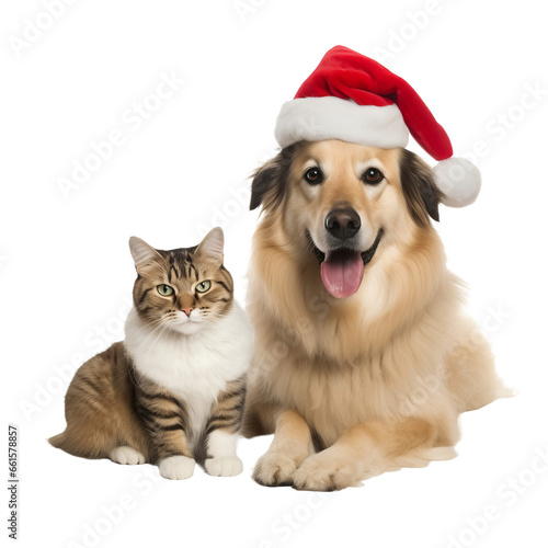 happy dog and cat isolated on transparent background wearing a christmas hat  © PawsomeStocks