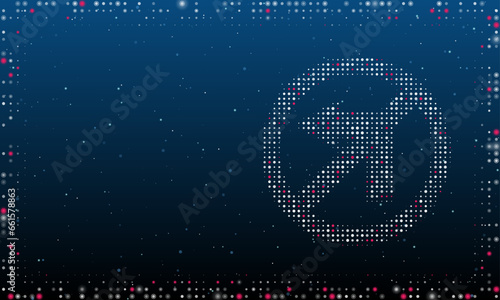 On the right is the no left turn symbol filled with white dots. Pointillism style. Abstract futuristic frame of dots and circles. Some dots is pink. Vector illustration on blue background with stars