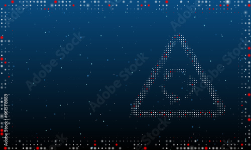 On the right is the roundabout symbol filled with white dots. Pointillism style. Abstract futuristic frame of dots and circles. Some dots is red. Vector illustration on blue background with stars