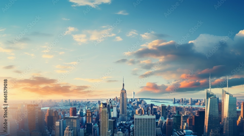 Fototapeta premium A panoramic view of the New York City skyline at sunrise, highlighting the towering office buildings and skyscrapers in Manhattan during the early morning hours
