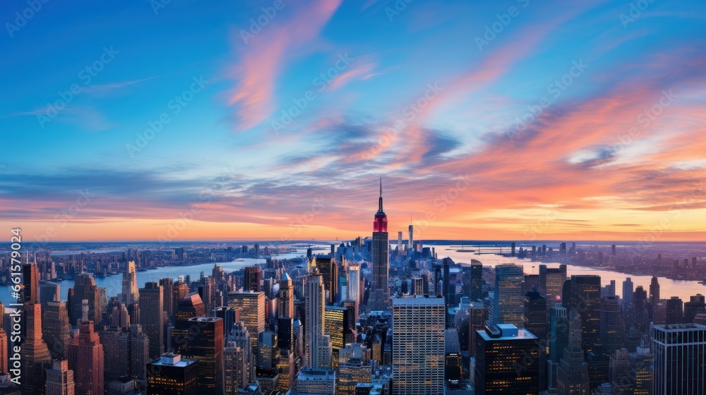 A panoramic view of the New York City skyline at sunrise, highlighting the towering office buildings and skyscrapers in Manhattan during the early morning hours