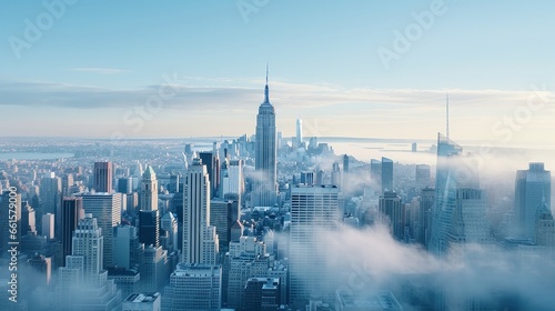 A panoramic view of the New York City skyline at sunrise, highlighting the towering office buildings and skyscrapers in Manhattan during the early morning hours