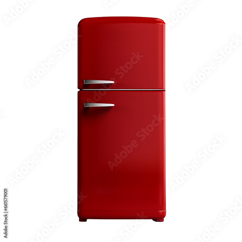 Candy apple red 1950s vintage refrigerator freezer on a white background.  Retro front facing kitchen appliance.  
