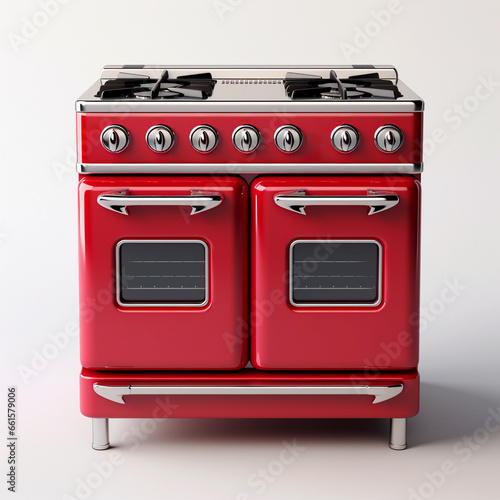 Candy apple red 1950s vintage oven stove on a white background. Retro kitchen appliance. 