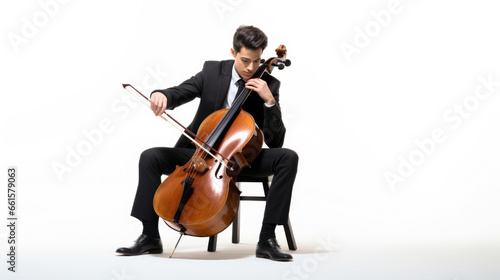 Man playing cello on white background
