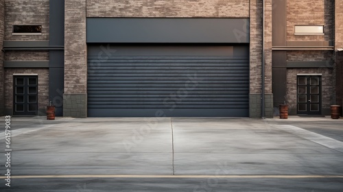 A vast urban garage with sleek gray doors, nestled against a textured brick wall, and a smooth asphalt driveway leading the way
