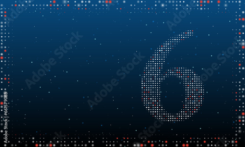 On the right is the number six symbol filled with white dots. Pointillism style. Abstract futuristic frame of dots and circles. Some dots is red. Vector illustration on blue background with stars