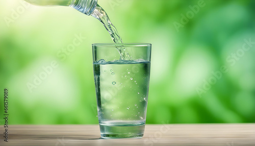 The glass of cool fresh water on natural green background