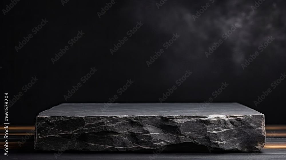 A stone podium designed for displaying packaging and products set against a dark black background, with available copy space for additional content
