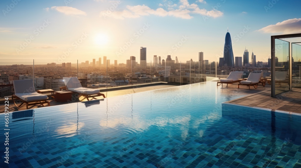 Naklejka premium A rooftop swimming pool offering a stunning cityscape view of Barcelona's skyscrapers in Spain. This luxurious amenity belongs to a premium hotel