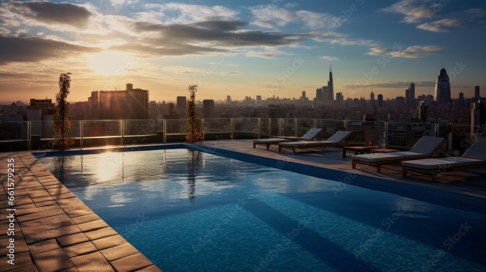 Fototapeta premium A rooftop swimming pool offering a stunning cityscape view of Barcelona's skyscrapers in Spain. This luxurious amenity belongs to a premium hotel