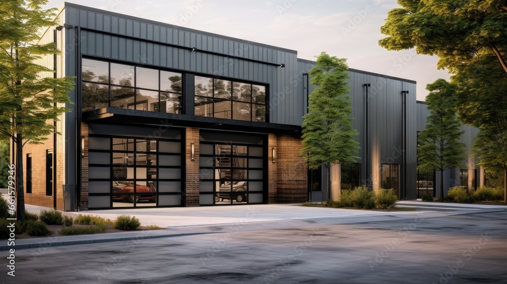 The fusion of modern design in an industrial setting. Explore this sizable garage with its distinctive gray doors, brick façade, and well-kept asphalt entrance