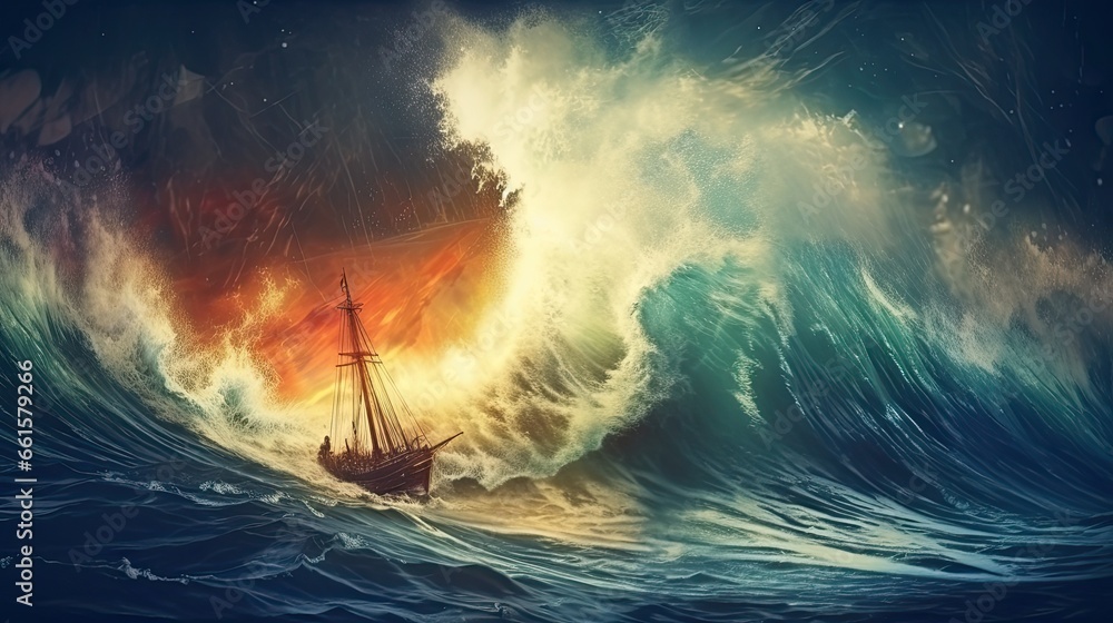 A large masted ship fights huge storm waves in the ocean or sea. A historical story with a maritime theme. Illustration for cover, card, postcard, interior design, decor or print. A large masted ship fights huge storm waves in the ocean or sea. A historical story with a maritime theme. Illustration for cover, card, postcard, interior design, decor or print.