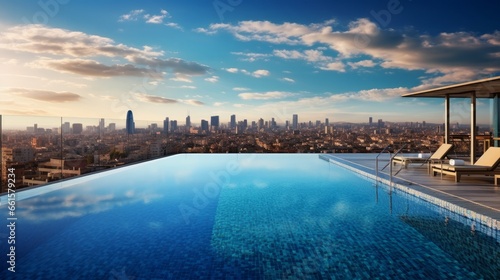 A rooftop swimming pool offering a stunning cityscape view of Barcelona's skyscrapers in Spain. This luxurious amenity belongs to a premium hotel