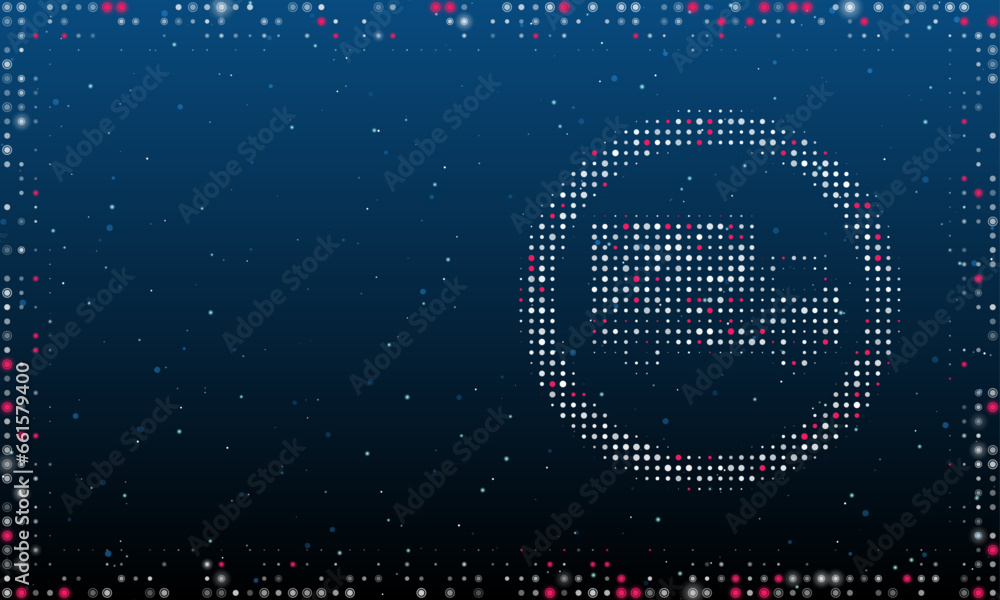 On the right is the truck traffic symbol filled with white dots. Pointillism style. Abstract futuristic frame of dots and circles. Some dots is pink. Vector illustration on blue background with stars