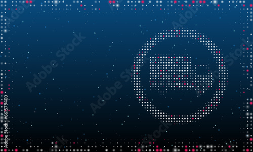 On the right is the truck traffic symbol filled with white dots. Pointillism style. Abstract futuristic frame of dots and circles. Some dots is pink. Vector illustration on blue background with stars