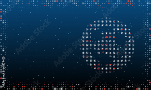 On the right is the roundabout symbol filled with white dots. Pointillism style. Abstract futuristic frame of dots and circles. Some dots is red. Vector illustration on blue background with stars