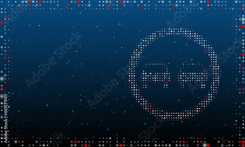 On the right is the no overtaking symbol filled with white dots. Pointillism style. Abstract futuristic frame of dots and circles. Some dots is red. Vector illustration on blue background with stars