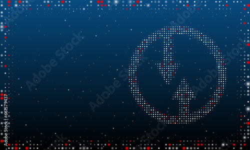 On the right is the advantage of oncoming traffic symbol filled with white dots. Abstract futuristic frame of dots and circles. Vector illustration on blue background with stars