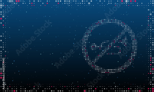 On the right is the horning prohibited symbol filled with white dots. Abstract futuristic frame of dots and circles. Vector illustration on blue background with stars