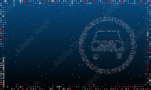 On the right is the no car symbol filled with white dots. Pointillism style. Abstract futuristic frame of dots and circles. Some dots is red. Vector illustration on blue background with stars