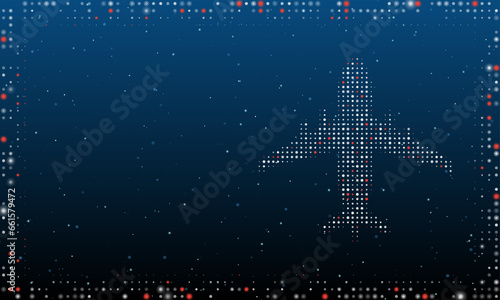 On the right is the airplane symbol filled with white dots. Pointillism style. Abstract futuristic frame of dots and circles. Some dots is red. Vector illustration on blue background with stars