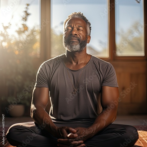 Older Black Man Practicing Mindfulness, Calm, Relaxation Techniques for Mental Health