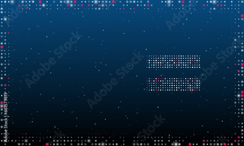 On the right is the equals symbol filled with white dots. Pointillism style. Abstract futuristic frame of dots and circles. Some dots is pink. Vector illustration on blue background with stars