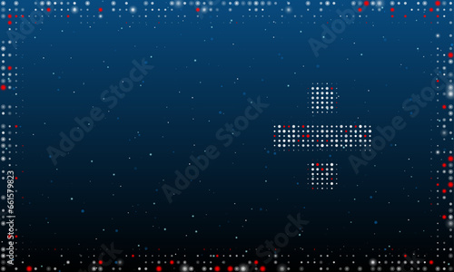 On the right is the division symbol filled with white dots. Pointillism style. Abstract futuristic frame of dots and circles. Some dots is red. Vector illustration on blue background with stars