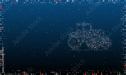 On the right is the tractor symbol filled with white dots. Pointillism style. Abstract futuristic frame of dots and circles. Some dots is red. Vector illustration on blue background with stars