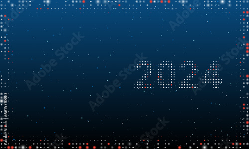 On the right is the 2024 year symbol filled with white dots. Pointillism style. Abstract futuristic frame of dots and circles. Some dots is red. Vector illustration on blue background with stars
