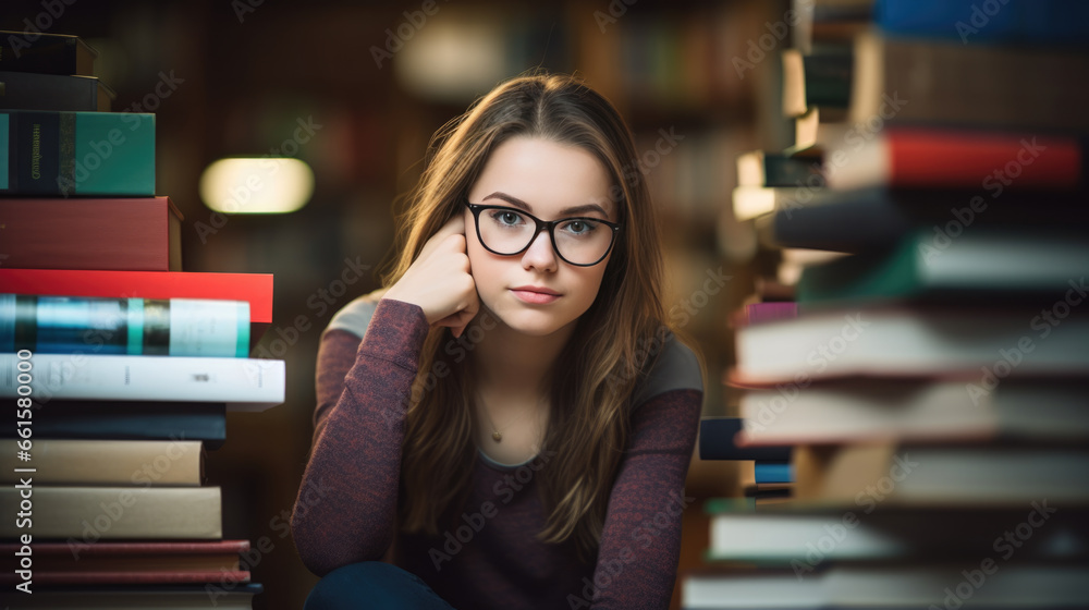 Schoolgirl sits among stacks of books in the library Schoolgirl sits among stacks of books in the library