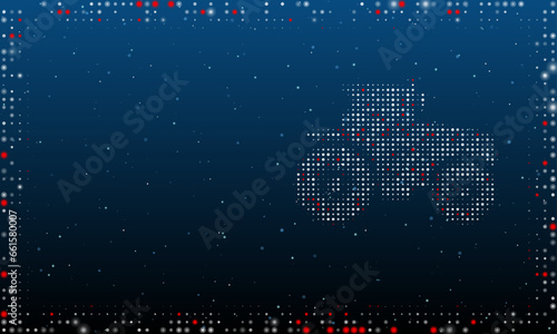 On the right is the tractor symbol filled with white dots. Pointillism style. Abstract futuristic frame of dots and circles. Some dots is red. Vector illustration on blue background with stars