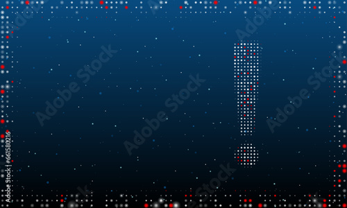 On the right is the exclamation symbol filled with white dots. Pointillism style. Abstract futuristic frame of dots and circles. Some dots is red. Vector illustration on blue background with stars