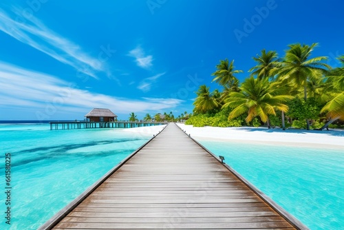 Panoramic view of a beach in the Maldives with palm trees, a beach bar, and a long wooden pier. Represents a tropical vacation and summer holiday background concept. Generative AI